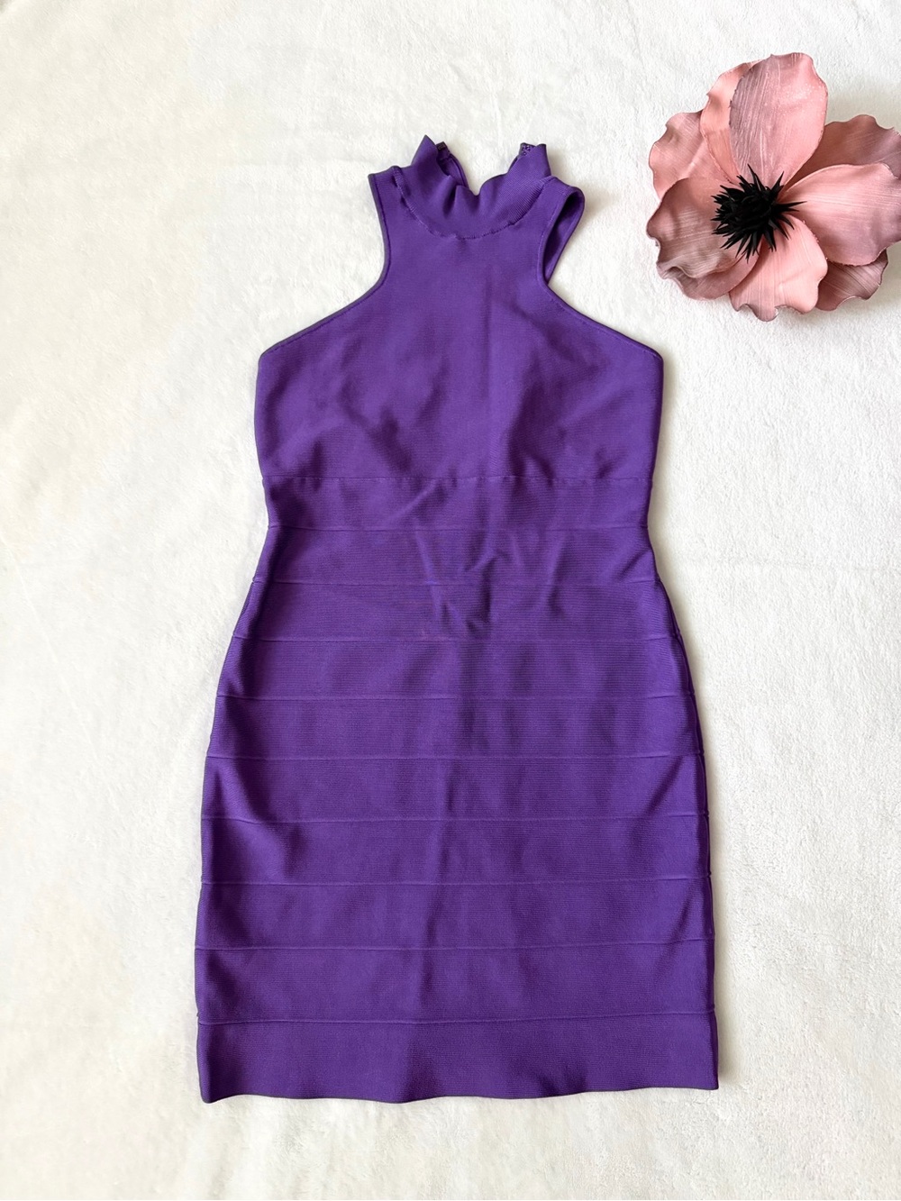 Herve Leger Icon Racer Purple halter bandage Mini Dress Large